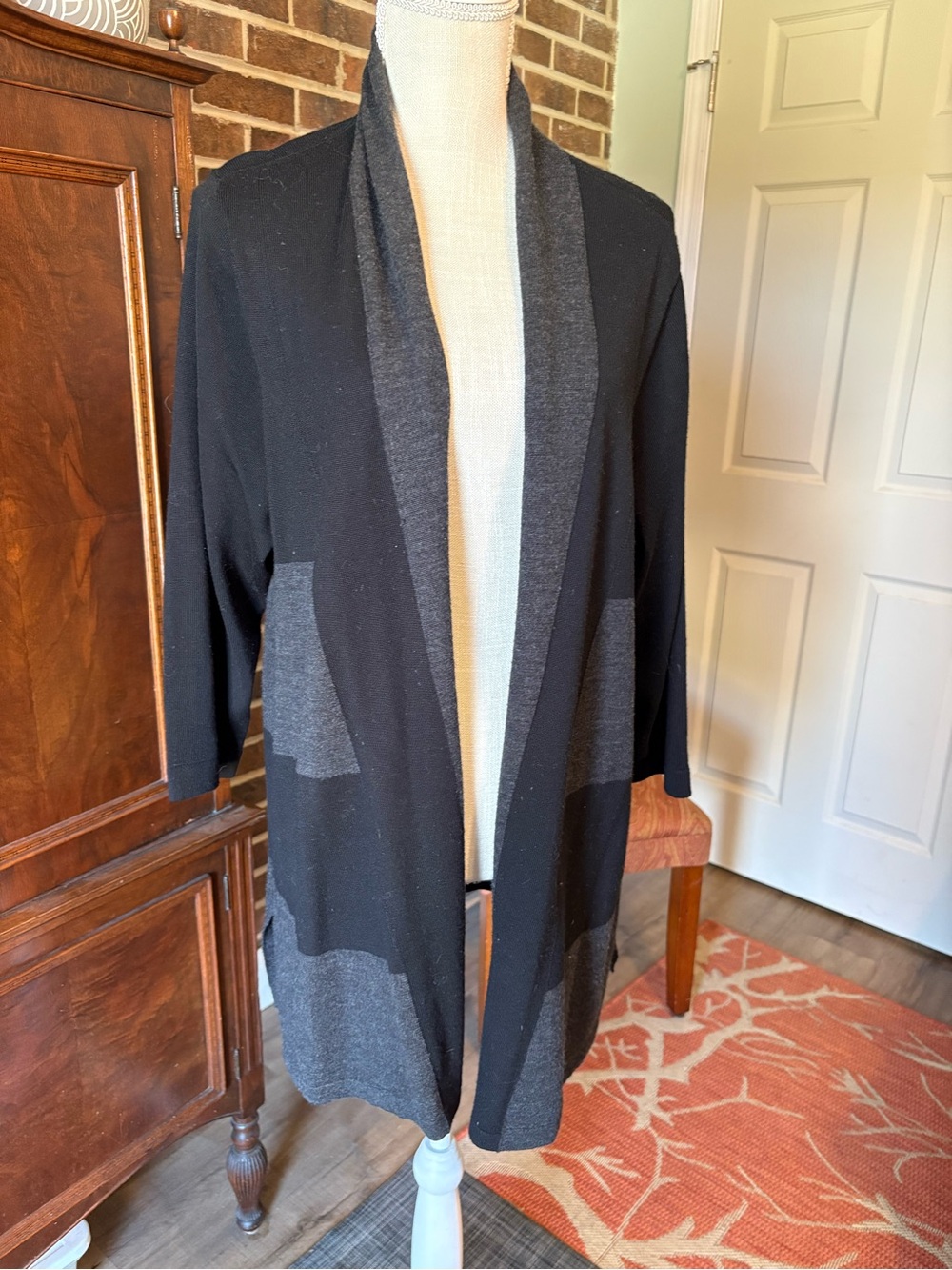 Eileen Fisher Black and Charcoal Open-Front Colorblock Cardigan
